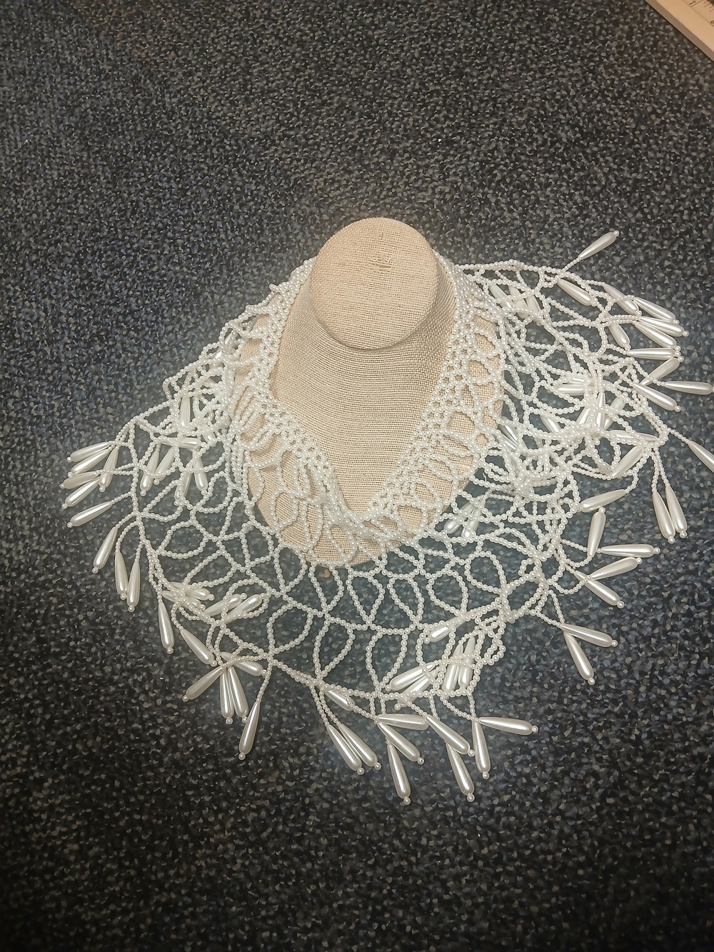 Handcrafted White Beaded Lace Collar Necklace